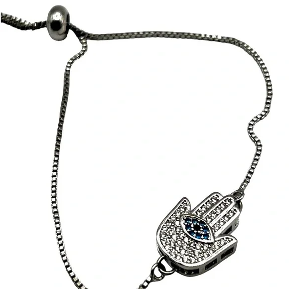 Silver Tone Hamsa Rhinestone Bracelet With Adjustable Chain.  A70 - Picture 6 of 6